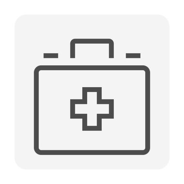 İlk yardım çantası vektör simgesi. Taşınabilir çanta, çanta ya da kutu, çapraz tabela, güvenlik ekipmanları ve tıbbi malzemelerden oluşur. Doktor için ilaç, acil durumlarda kurtarılacak doktor. 48x48 px