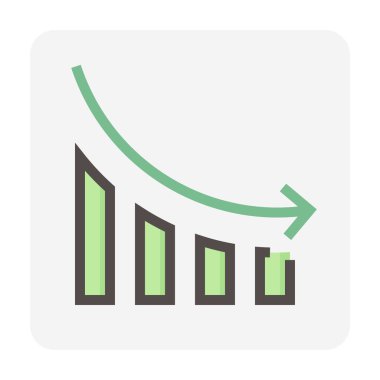 Çubuk grafik veya çubuk grafik aşağı ok ile vektör simgesini azaltıyor. Stokların istatistiksel verileri, finansal kayıplar, olumsuzluklar, düşüşler veya krizler. Rapor için grafik, sunum. 48x48 px.