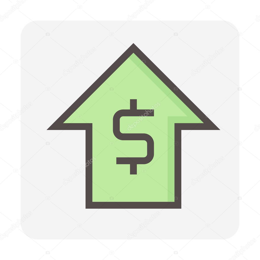 Money value increase vector design. That icon, sign or symbol of dollar and big rise up arrow for business, economy and finance concept to growth of profit, data, market price or income. 48x48 pixel.