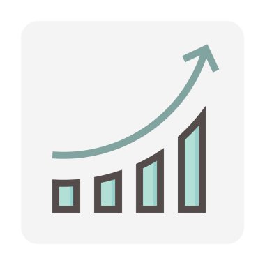 Çubuk grafik veya çubuk grafik yukarı ok ile vektör simgesini artırıyor. Stokların istatistiksel verileri, iş dünyasındaki finansal veriler. Kâr, büyüme ya da başarı kavramı. Rapor ve sunum için grafik ögesi. 48x48 px