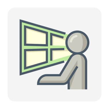 Operatör adam ve bilgisayar vektör simgesi. Monitör ekranı, yapım kontrol odası ve komuta merkezi için sistem teknolojisinden oluşuyor. Güvenlik kamerasından, ses telsizinden ve veriden video görüntülemek için. 64x64 piksel