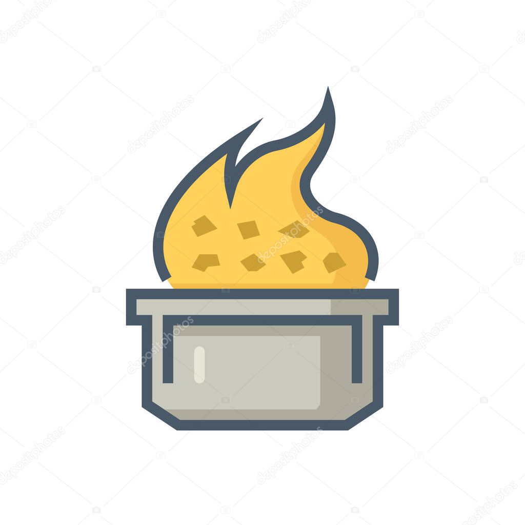 Smelting burning or heating vector icon. Consist of ore, fire and crucible. Process for casting in metallurgy or metallurgical production industry. In foundry, furnace or factory plant. 64x64 pixel.