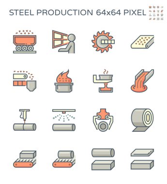 Metalürji üretim endüstrisi vektör ikonu. Çelik fabrikası ya da çelik fabrikası işçiliği, fabrika ekipmanı ya da sıcak döküm işlemi veya metal, çelik, demir üretimi için endüstriyel fabrikadan oluşur..