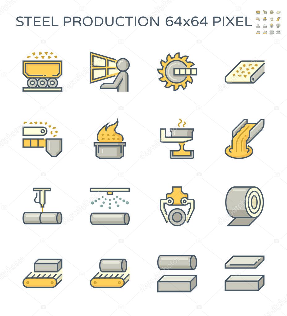 Metallurgy production industry vector icon. Steel mill or steelworks consist of worker, machine equipment of factory or industrial plant for hot casting process or manufacturing of metal, steel, iron.