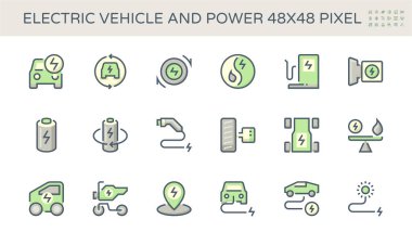 Elektrikli araç (EV) vektör simgesi tasarımı. Otomobil, motor, yakıt, elektrik, şarj ve şarj istasyonundan oluşmaktadır. Teknoloji, yeşil güç, alternatif enerji, eko ve ulaşım kavramı.