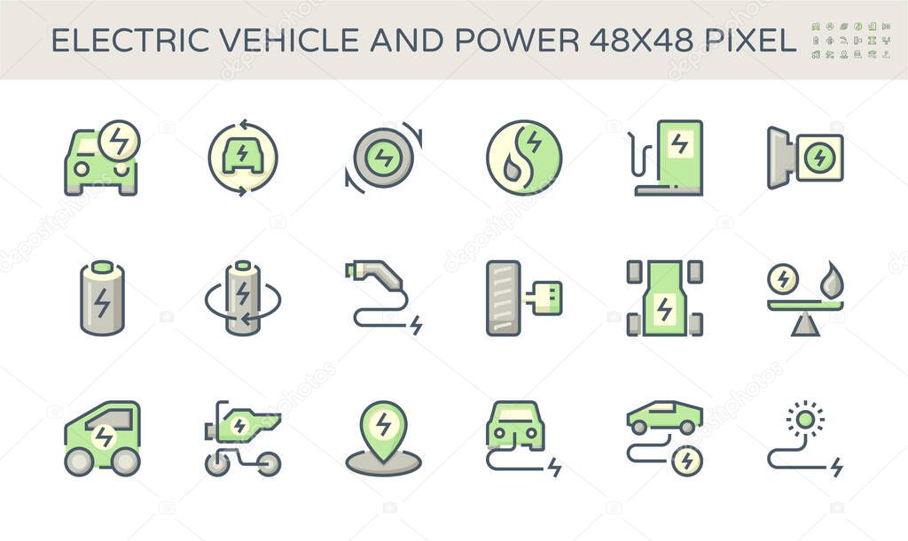 Electric vehicle (EV) vector icon design. Consist of auto car or motor, fuel, electrical, charger and charging station. Concept for technology, green power, alternative energy, eco and transportation.