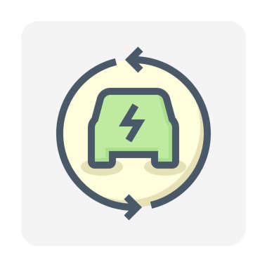 Elektrikli araç (EV) vektör simgesi. Araba, elektrik ve oktan oluşuyor. Şarjdan şarj edilebilir bataryaya yeşil enerji sağlamak için şarj edin. Ulaşım konsepti. 48x48 piksel.