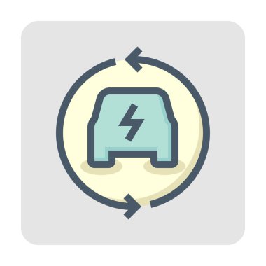 Elektrikli araç (EV) vektör simgesi. Araba, elektrik ve oktan oluşuyor. Şarjdan şarj edilebilir bataryaya yeşil enerji sağlamak için şarj edin. Ulaşım konsepti. 48x48 piksel.