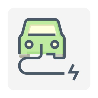 Elektrikli araç (EV) vektör simgesi. Araba, kablo, kablo ve elektrik işaretlerinden oluşuyor. Nakliye için şarj edilebilir bataryayı şarj etmek ve yeşil enerji sağlamak için. 48x48 piksel.