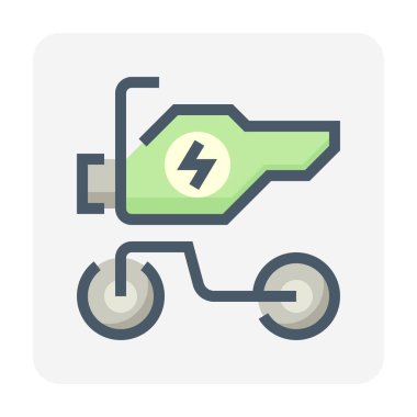 Motosiklet ya da scooter vektör ikonu tasarımı. Motosiklet, bisiklet ya da motosiklet de deniyor. Bu elektrikli araç (EV) yeşil enerjiyle sürüş, ulaşım ve seyahat için motor ve bataryadan oluşur. 48x48 px