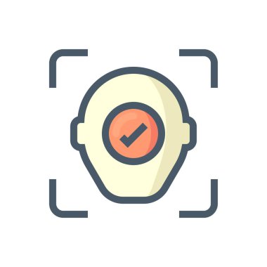 Biyometrik yüz tanıma vektör simgesi. Güvenlik ya da kimlik belirleme teknolojisi yüz ve işaret işaretlerinden oluşur. Birini bulmak, doğrulamak, kullanıcıyı tanımlamak ve akıllı telefondaki erişim verilerini açmak için. 48x48 px.