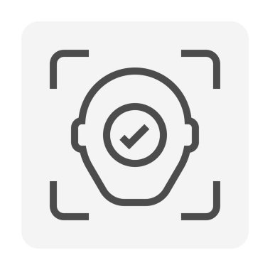 Biyometrik yüz tanıma vektör simgesi. Güvenlik ya da kimlik belirleme teknolojisi yüz ve işaret işaretlerinden oluşur. Birini bulmak, doğrulamak, kullanıcıyı tanımlamak ve akıllı telefondaki erişim verilerini açmak için. 48x48 px.