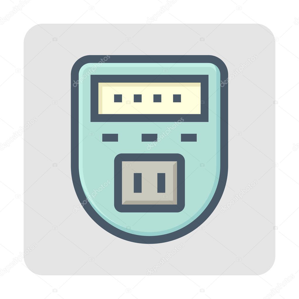 Digital timer switch vector icon. Programmable electronic hardware with clock, power plug socket electrical outlet for automatic control electrical power by delay, countdown, on and off. 48x48 pixel.
