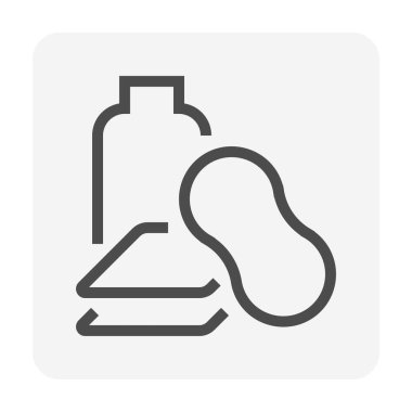 Araba bakım kiti vektör simgesini ayarladı. Bir şişe sabun, şampuan, sünger ve mikrofiber havludan oluşuyor. Aracınızı, arabanızı, arabanızı yıkama, temizleme ve temizleme ekipmanları ve kimyasal ürünler. 48x48 px.