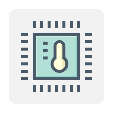 Mikroçip işlemcisi ve termometre vektör ikonu. Gpu sıcaklığı konsepti, işlemci. Ve akıllı ev için termostat işlemcisi. Kontrol etmek, kontrol etmek ve kontrol etmek için enerji, vantilatör, ısıtıcı, klima. 48x48 px.