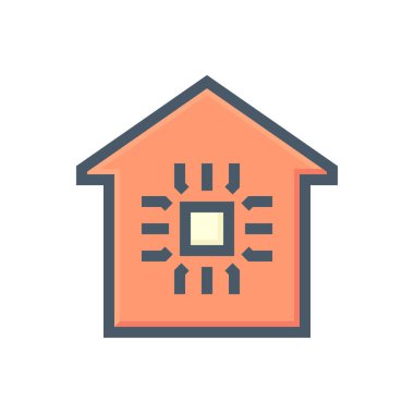 Akıllı ev ya da ev otomasyonu vektör ikonu ev ya da ev ve mikroçipten oluşur. Elektrik, enerji ve güvenlik sistemlerinin izlenmesi ve kontrol edilmesine yönelik teknoloji işlemcisi. Termostat, kamera. 48x48 px.