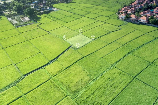 Land plot in aerial view. Identify registration symbol of vacant area for map. That property, real estate for business of home, house or residential i.e. construction, development, sale, rent, buy.