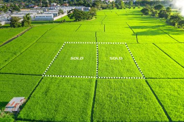 Land for sale and investment in aerial view. Include green field, agriculture farm, residential house building, village. That real estate or property. Plot of land lot for subdivision or development. clipart