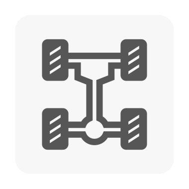 Üst görünüm araba aksı vektör simgesi temiz, minimalist tarzda. Araç kılavuzları, gösterge paneli göstergeleri, UI tasarımı, otomotiv bilgi grafikleri ve teknik illüstrasyonlar için anahtar sürücülük bileşenlerini vurgular.