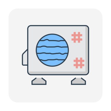 Hava yoğunlaştırıcı birim vektör ikonu ince siyah çizgili, eski kirli açık hava klima ünitesi destekte. HVAC sistem sorunlarını göstermek için ideal, düşük soğutma verimliliği, kötü ısı vantilasyonu, bakım gerektiriyor.