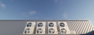 Modern klima yoğunlaştırıcısının panoramik 3D görüntülemesi mavi gökyüzünün altında çatıda düzenlendi. Ticari HVAC sistemleri, soğutma teknolojisi ve iklim kontrol altyapısı inşası.