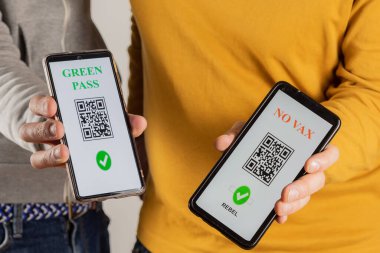 İki kişi yeşil geçiş kartını gösteriyor ve aşı akıllı telefonlarını reddediyor. Covid-19 'da anlaşmazlık
