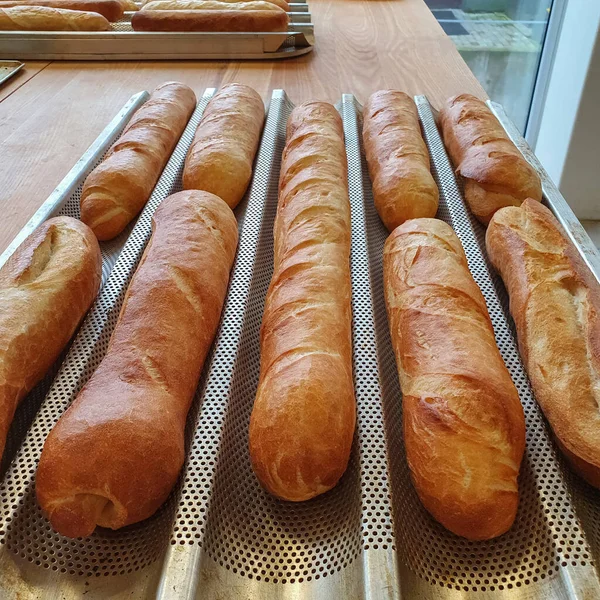 Baquettes dorées fraîches sur plaque de cuisson dans un concept de boulangerie, de restauration et de boulangerie — Photo