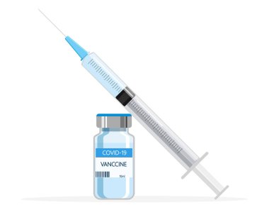 Covid-19 Coronavirus konsepti. yringe ve mavi aşı şişesi Sağlık illüstrasyonu