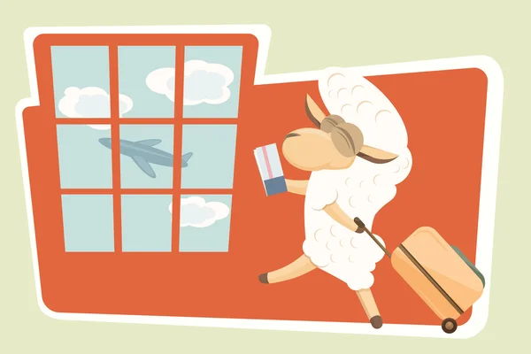 Vektör çizim. Bebek kuzu seyahat ile kart.