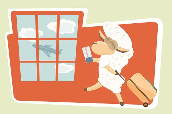 Vector illustration. Card with traveling baby lamb.