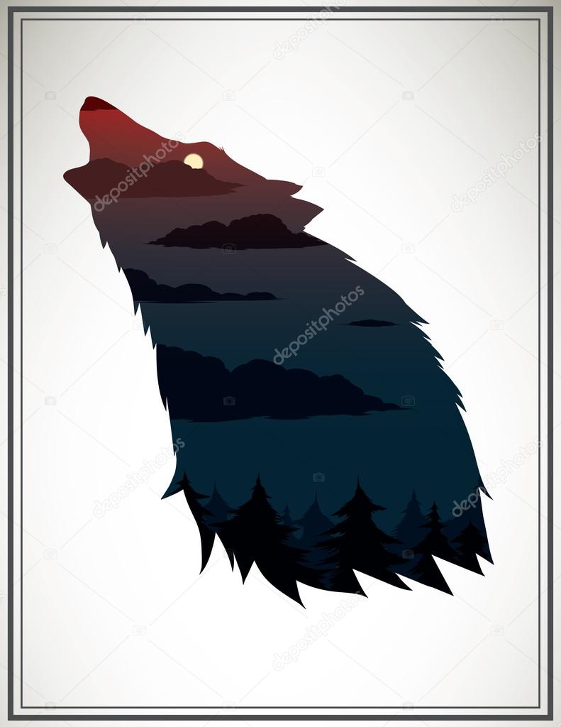 Vector illustration with animal head and double exposure effect.