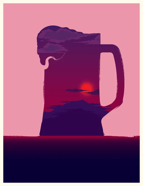 Bierkrug-Illustration mit Sonnenuntergang im Inneren. — Stockvektor