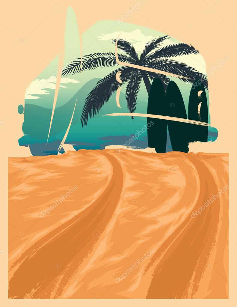 Beach illustration with double exposure effect.