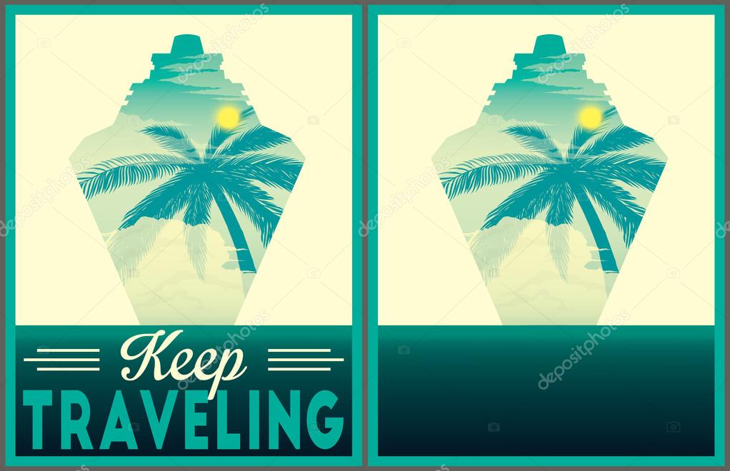 Keep traveling illustration with double exposure effect. Poster template.