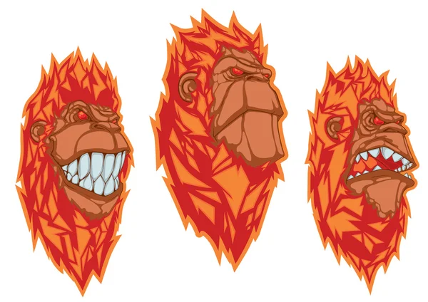 Burning monkey heads. Set of vector stickers — Stock Vector