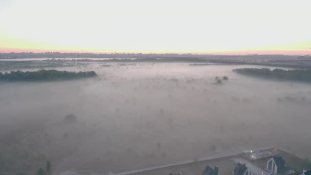 Таунхаус на рассвете с туманом, висящим слоями. Легкая дымка. дубовый лес, поле — стоковое видео
