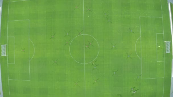 Jogadores de futebol jogam futebol em um grande estádio. uniformes vermelhos e azuis — Vídeo de Stock