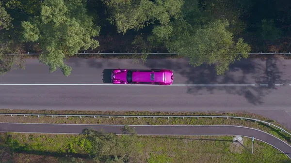 Paarse limousine rijdt snel langs de bosweg. gekleurde lange auto, snelweg — Stockfoto