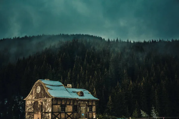 Evin dekorasyonu esrarengiz bir şekilde çam ormanındaki bir dağda duruyor.. — Stok fotoğraf