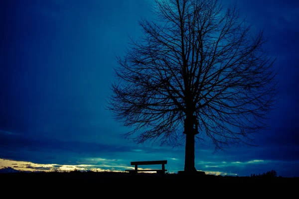 Silüet içinde yalnız bir bank. Gün batımında boş bank