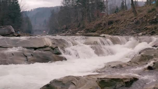 冬の滝。マウンテンクリークからの水の迅速な流れ — ストック動画