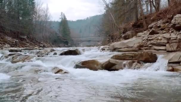 Водопад зимой. Поток воды из горного ручья — стоковое видео