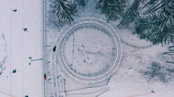 Dağlardaki kış ormanlarında Rodelbahn. çember çizer 