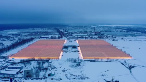 Vista laterale aerea di grandi serre industriali per la coltivazione di piante in inverno — Video Stock