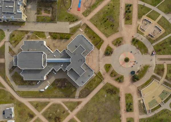 symmetrical soviet architecture from above. hospital in eastern europe top shot