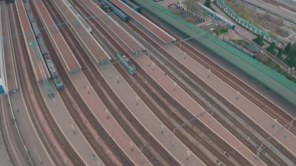 De locomotief rijdt op rails bij de centrale perrons van het station — Stockvideo