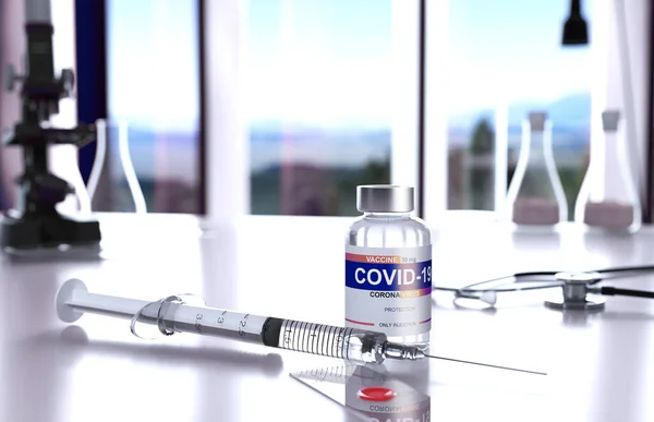 Vykreslování Covid Vakcína Modrá Barva Pozadí Selektivní Zaměření Vakcínu Injekční — Stock fotografie