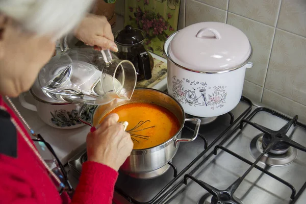 Woman Red Sweater Making Soup Kitchen Selective Focus Woman Red — Stock Photo, Image