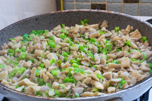 Finely Chopped Oyster Mushrooms Cooked Pan Green Fresh Peppers False — Stock Photo, Image