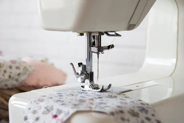 Sewing Machine Operation Different Angles Sewing Flowered Fabric Selective Focus — Photo